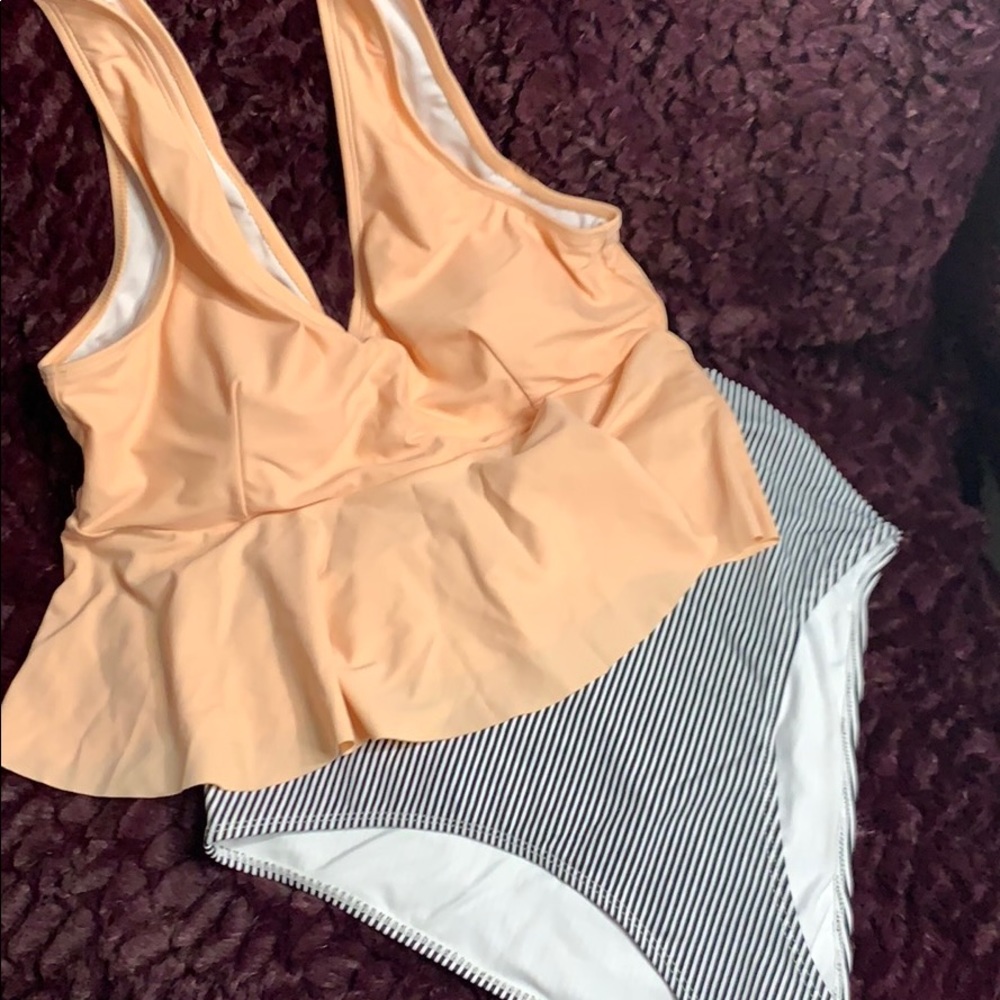 PEACH PEPLUM AND STRIPED BIKINI